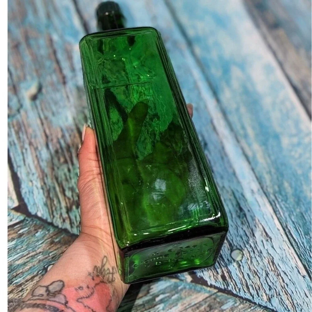 Vintage MCM Green Glass Liquor Bottles‎ Set of 3 Travel Bar Decanters Whiskey